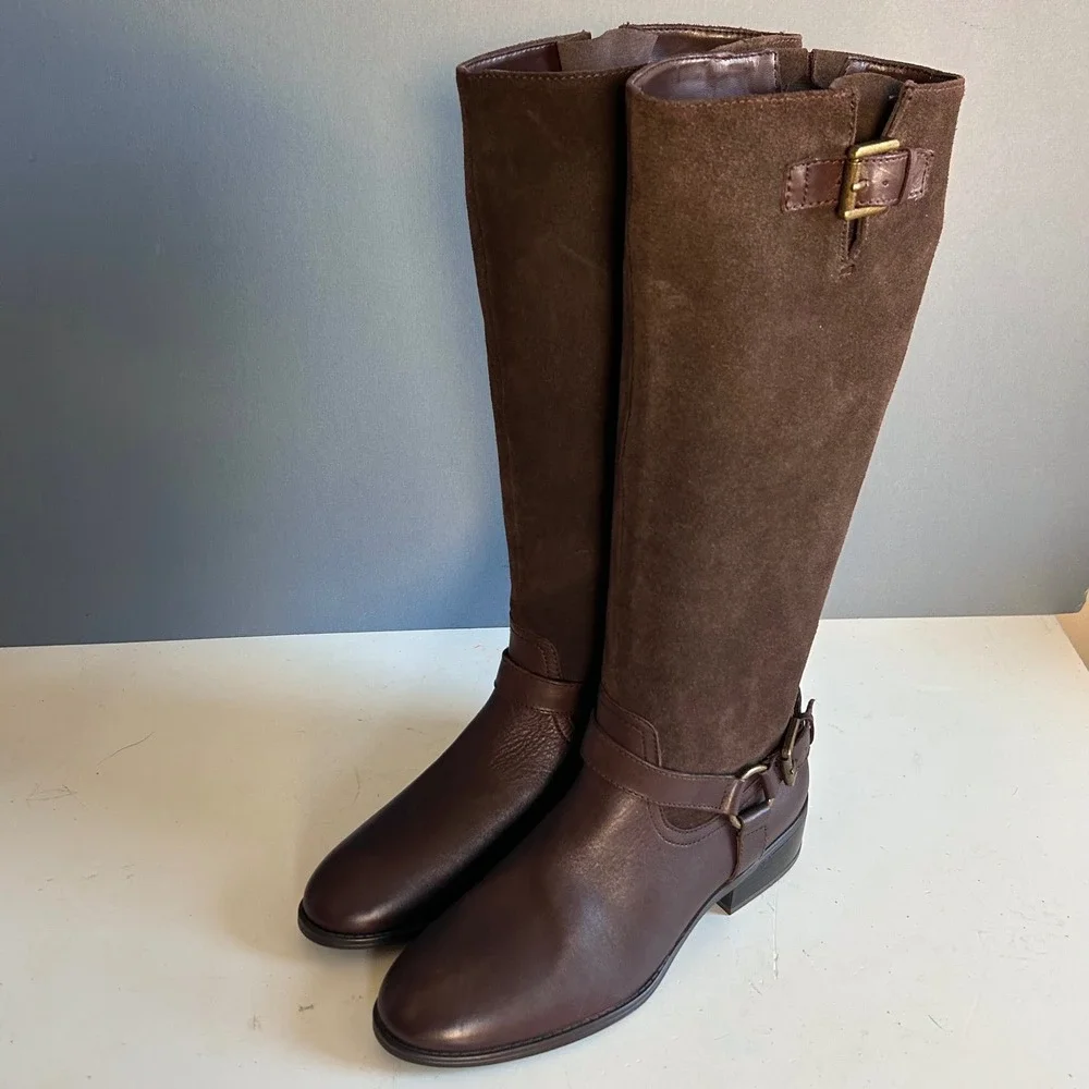 Lauren Ralph Lauren Tall Boots Size 8 Brown Suede Leather Riding Harness